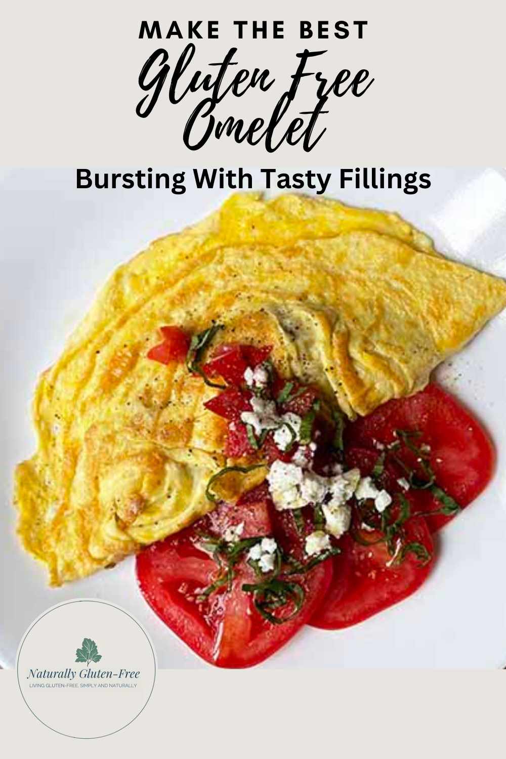 Pin Image - gluten free omelet with tomato, basil and feta