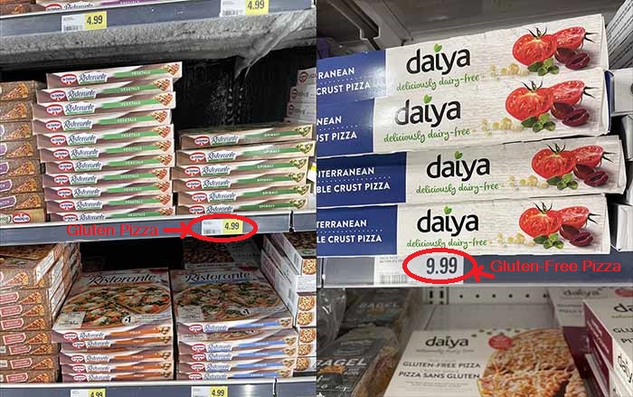 gluten-free pizza cost: side by side photos of wheat pizza and gluten-free pizza with prices highlighted. gluten-free pizza cost: side by side photos of wheat pizza and gluten-free pizza with prices highlighted.
