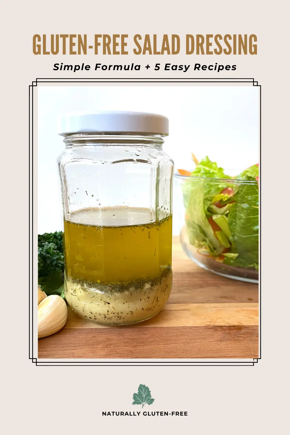 Pin Image - jar of gluten-free salad dressing with lemon, lime and herbs