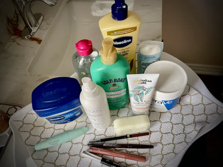 overhead shot of gluten-free skin care products