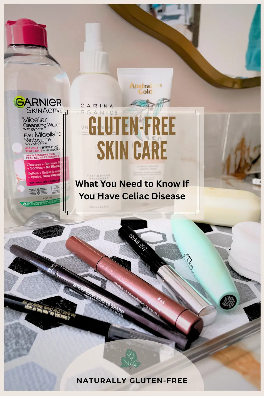 Pin Image - Gluten-free skin care - collection of gluten-free skin care products on bathroom counter.
