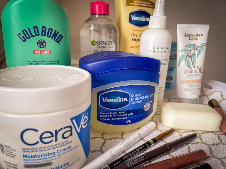 Tray holding examples of gluten-free skin care products