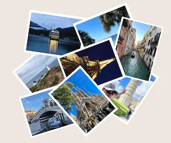 several travel photos scattered on a beige background