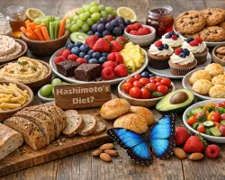a rustic table spread with gluten-free whole foods and a sign with text "hashimoto's diet".