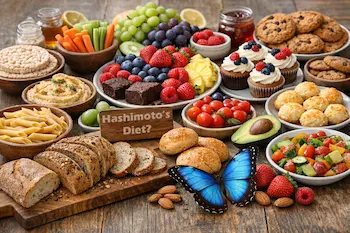 rustic table spread with gluten-free whole foods and a sign with text "Hashimoto's Diet?"