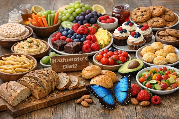 a rustic table spread with gluten-free whole foods and a sign with text "hashimoto's diet".