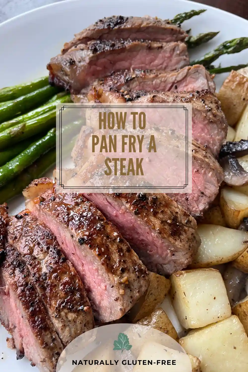 Plated and sliced sirloin steak with text "how to pan fry a steak"