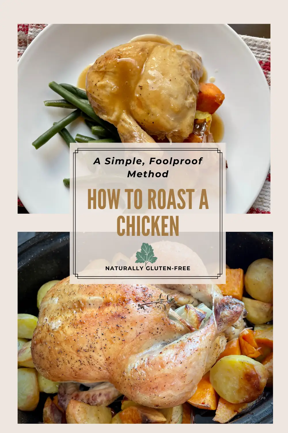 Pin Image - roast chicken dinner plated and roasted chicken in pan. Text - how to roast a chicken