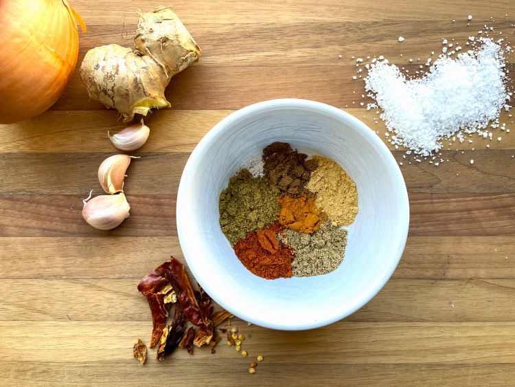 indian spices, onion, chilis, garlic, ginger