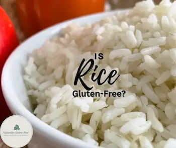 bowl of white rice with sweet peppers on the side.  Text "is rice gluten-free"