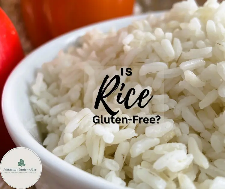 bowl of white rice with sweet peppers on the side. Text "is rice gluten-free? bowl of white rice with sweet peppers on the side. Text "is rice gluten-free?