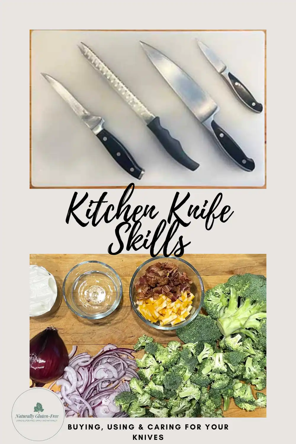 Pin Image - Kitchen Knife Skills - image of 4 basic kitchen knives and cut vegetables
