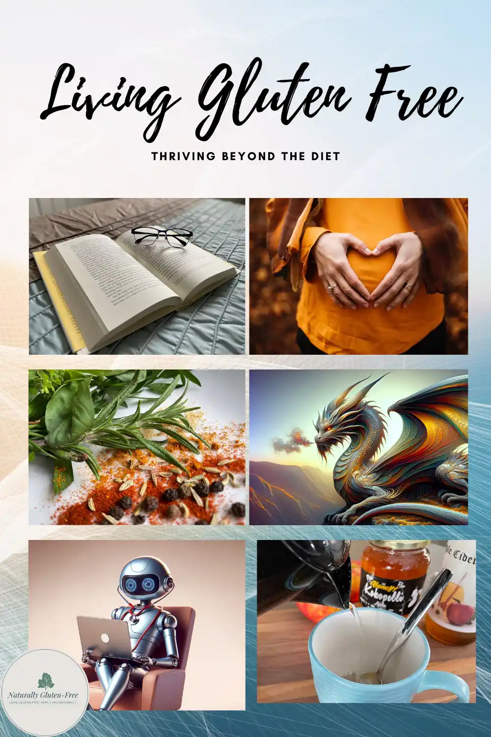 Pin Image - Living Gluten Free, images of herbs, book with glasses, laptop and other lifestyle related images.