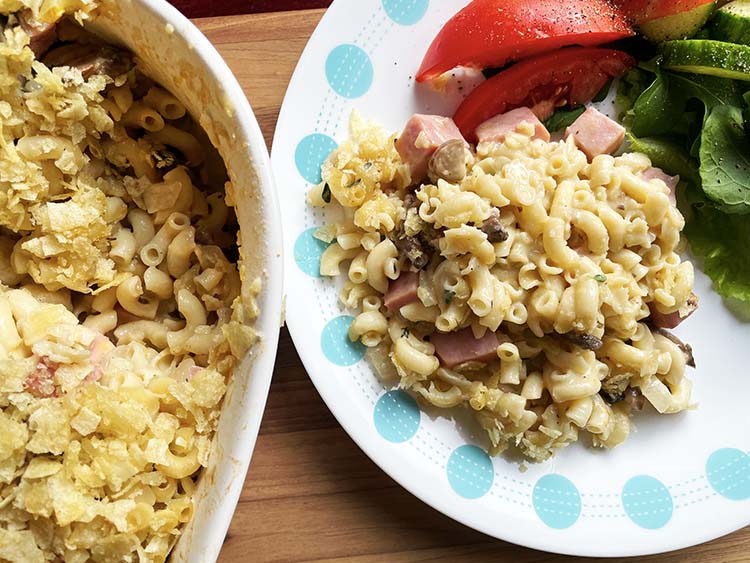 gluten free macaroni casserole in baking dish and plated