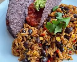 gluten free Mexican rice with blue tacos