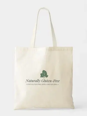 beige tote bag with text "naturally gluten free"
