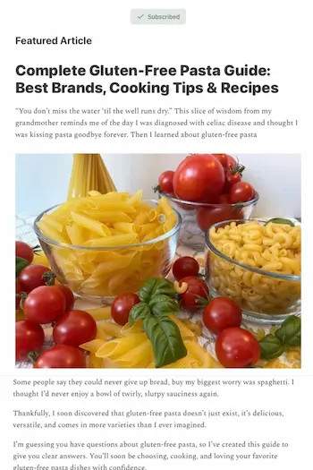 sample of Naturally Gluten Free Digest showing various pastas along with newsletter text.