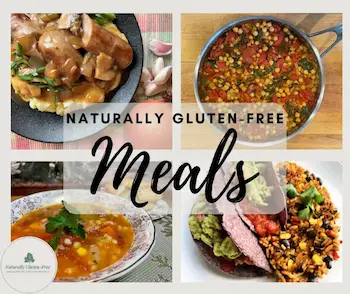 Collection of four naturally gluten-free meals: blue tacos, chana masala, sausages with mashed potatoes, soups and sandwich.