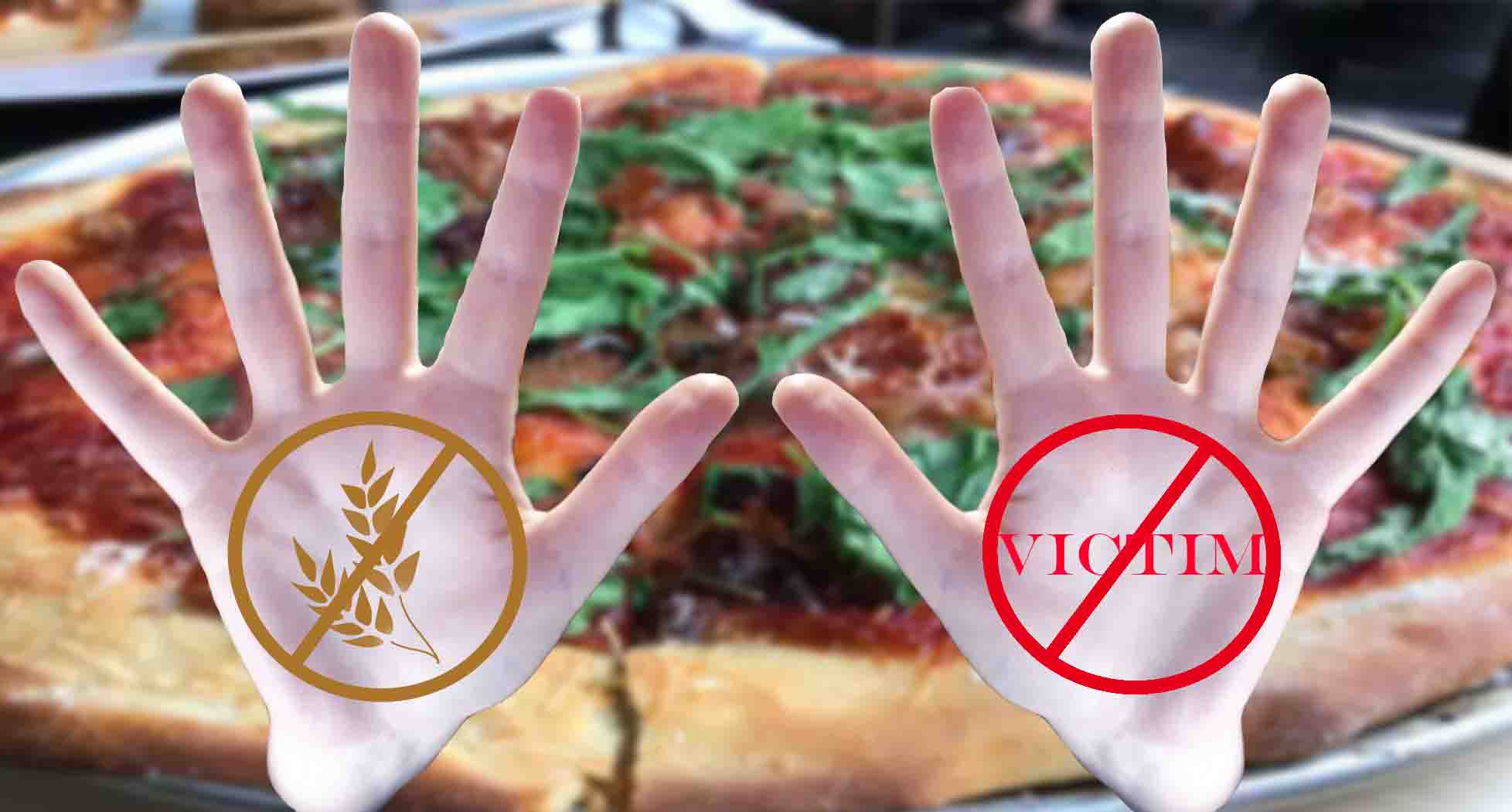 celiac disease victim: two hands, one with no gluten symbol on palm and one with the word victim in a red circle crossed out.  pizza in background. celiac disease victim: two hands, one with no gluten symbol on palm and one with the word victim in a red circle crossed out.  pizza in background.