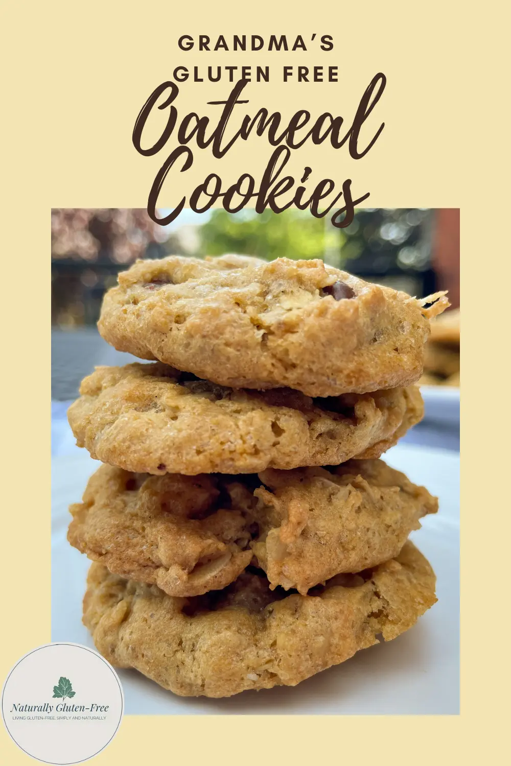 Pin Image - gluten free oatmeal chocolate chips cookies stacked