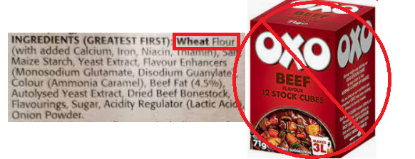 box of oxo beef cubes with red circle and line through it.  Also shows ingredients. box of oxo beef cubes with red circle and line through it.  Also shows ingredients.