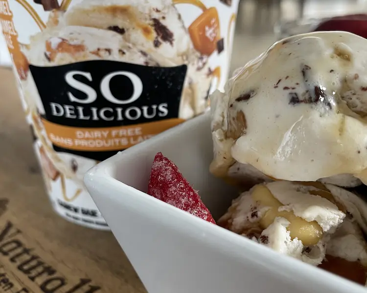 So Good brand dairy free ice cream in tub and bowl So Good brand dairy free ice cream in tub and bowl