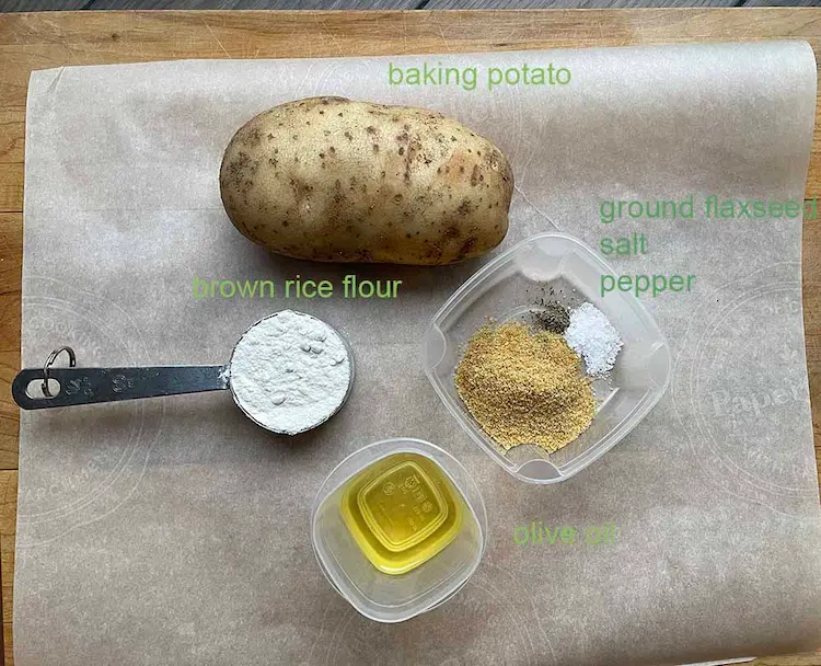 Potato crust pizza ingredients - baking potato, olive oil, salt, ground flax Potato crust pizza ingredients - baking potato, olive oil, salt, ground flax
