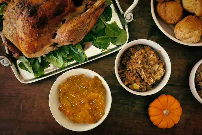 a gluten free holiday season turkey dinner featuring roast turkey with pineapple chutney