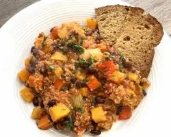 quinoa and butternut squash chili plated with toast