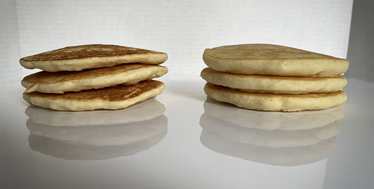 Two sets of pancakes.  One set the batter has been rested and the other not.