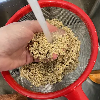 rinsing quinoa in sieve