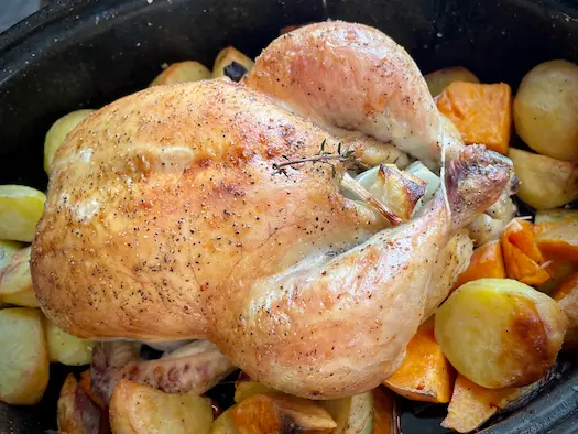 roasted chicken in roast pan with veggies