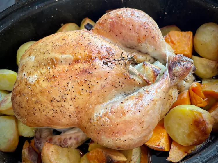 roasted chicken in roast pan with veggies