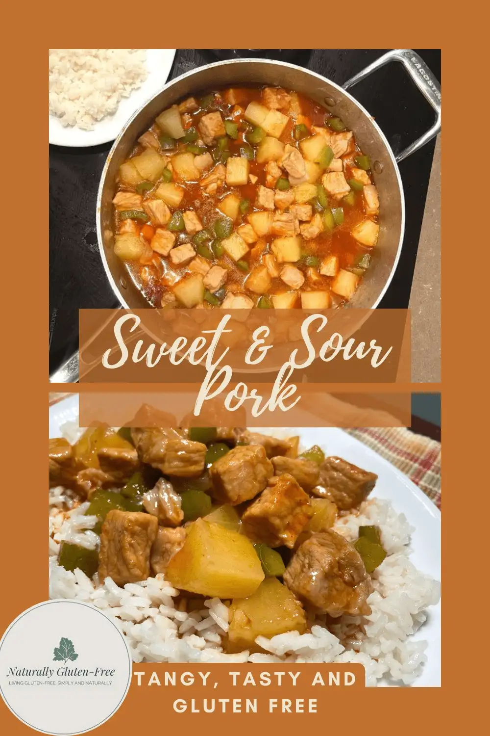 Pin Image - sweet and sour pork in pan and on plate with rice.