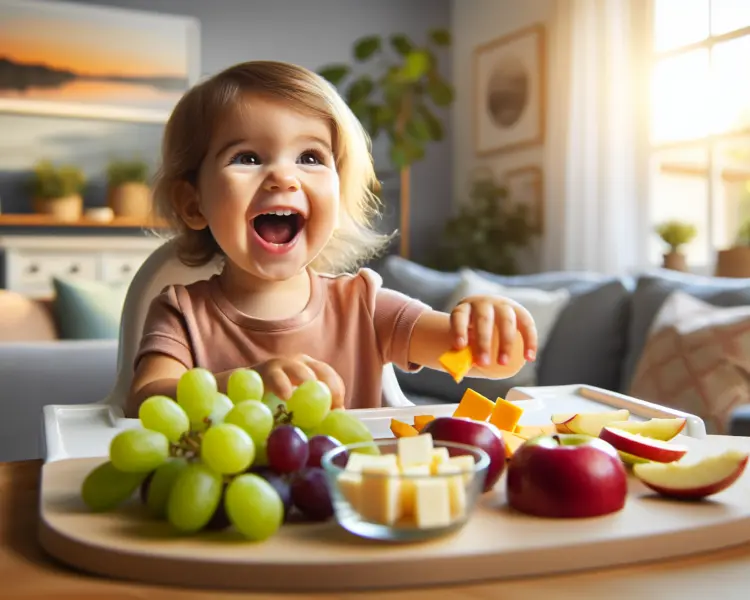 toddler with a selection of healthy snacks on a high-chair tray toddler with a selection of healthy snacks on a high-chair tray