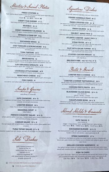 Menu at The Fish Exchange St. John's Newfoundland