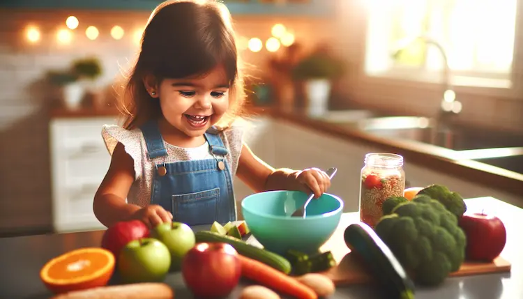 Toddler at kitchen counter preparing food with lots of fruits and vegetables. Toddler at kitchen counter preparing food with lots of fruits and vegetables.