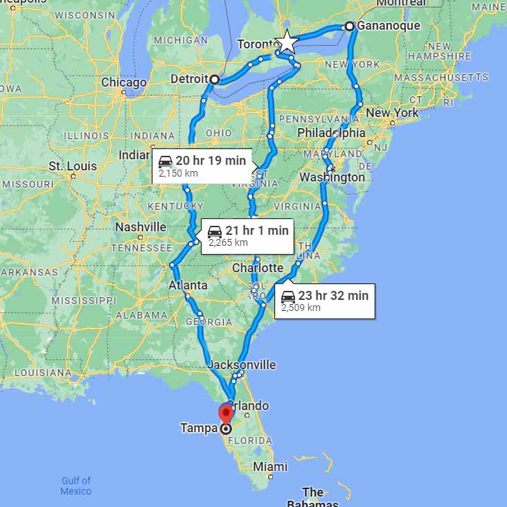 map showing routes from Toronto to Tampa through Detroit, Buffalo and Gananoque. map showing routes from Toronto to Tampa through Detroit, Buffalo and Gananoque.