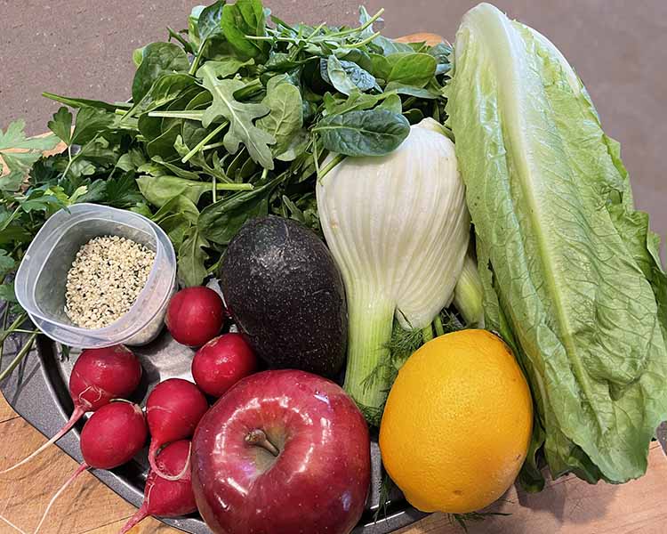 lettuce, mixed salad greens, lemon, apple, radishes, fennel bulb, avocado, hemp hearts.