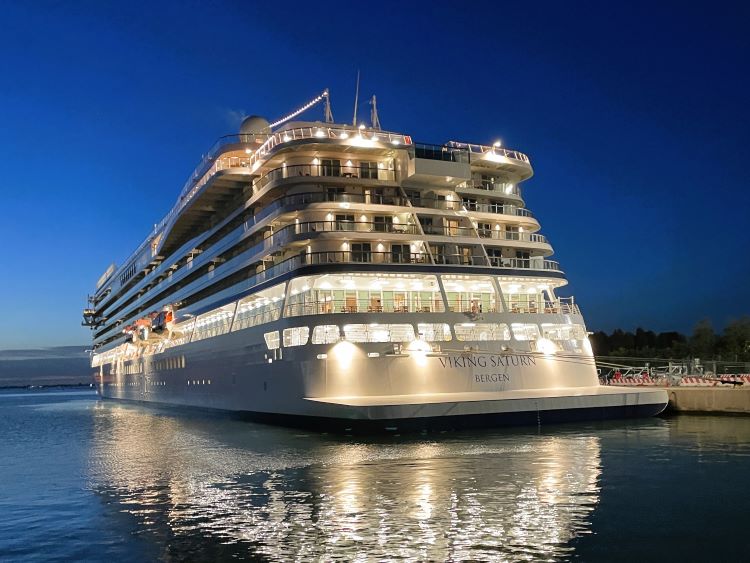 Viking Saturn cruise ship at night.