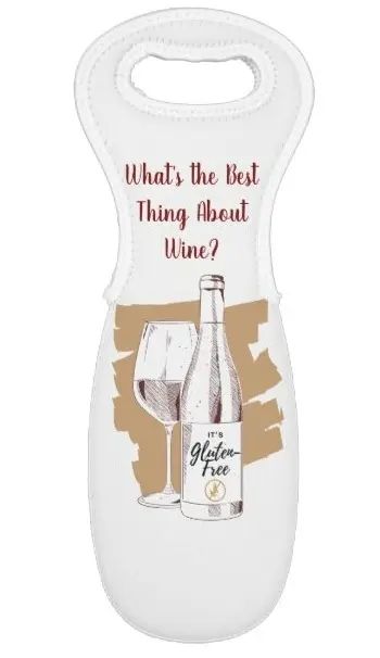 custom ngf wine tote with text "what's the best thing about wine? It's gluten-free" and an image of a wine bottle and glass.