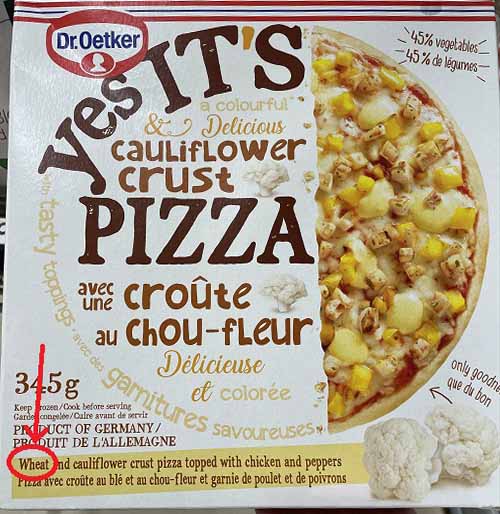 cauliflower pizza - cover of a box showing wheat as an ingredient. cauliflower pizza - cover of a box showing wheat as an ingredient.