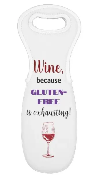 custom ngf wine tote with text "wine, because gluten-free is exhausting" and an image of a wine glass.