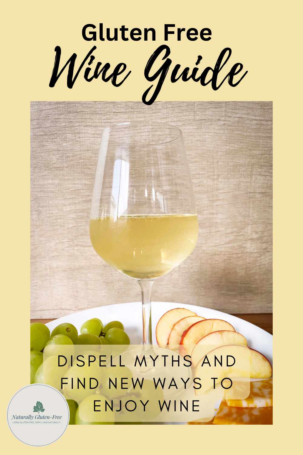 Pin Image - Gluten free Wine - Glass of white wine with green grapes and cheese Pin Image - Gluten free Wine - Glass of white wine with green grapes and cheese