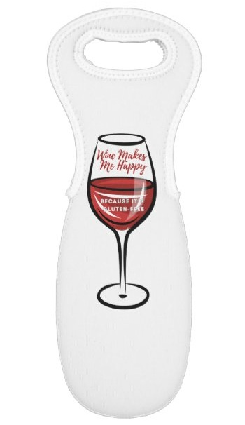 custom ngf wine tote with text "wine makes me happy, because it's gluten-free" and an image of a wine bottle and glass.