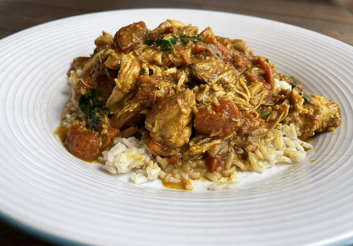 Garam Masala Chicken Curry plated with white rice